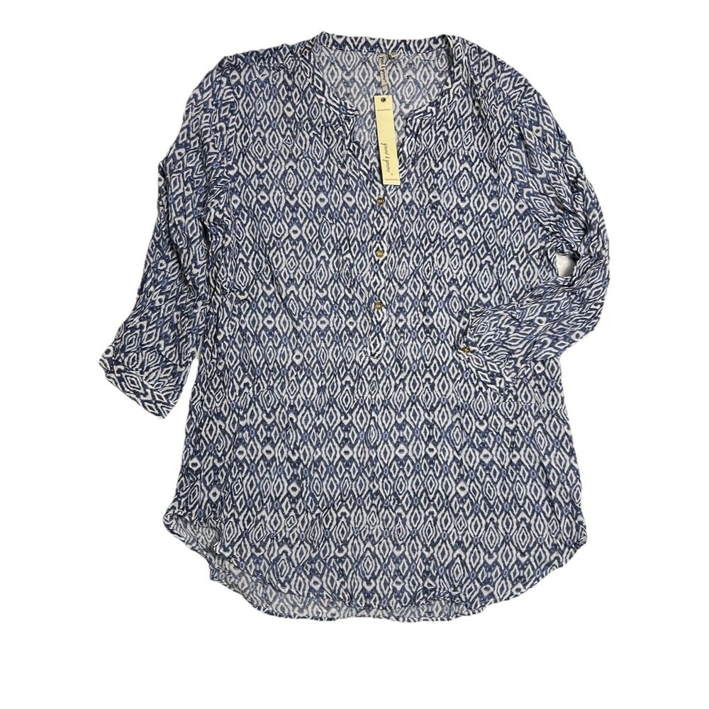 Grand & Greene Top Women's XL Blue Geometric Tunic Blouse High 100% Rayon NWT